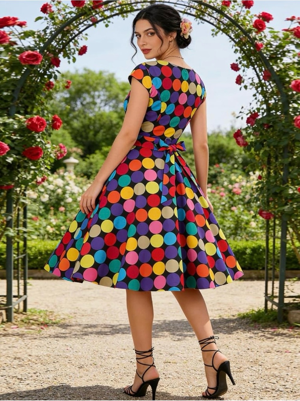 Vintage-Inspired Multicolor Polka Dot Fit & Flare Dress - M - Picture 2 of 10